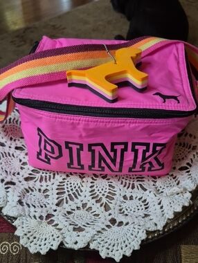 PINK Victoria's Secret Hot Pink  Lunch Tote with Rainbow Strap